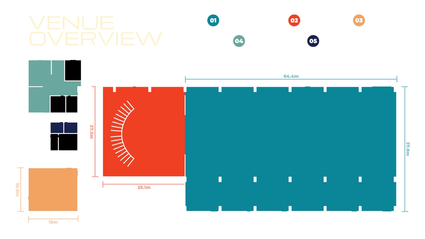 Venue floor plan showing all spaces with dimensions — LED Studio 27.3m x 25.1m, Event Hall 64.4m x 37.9m, Mini Studio 15m x 10.5m
