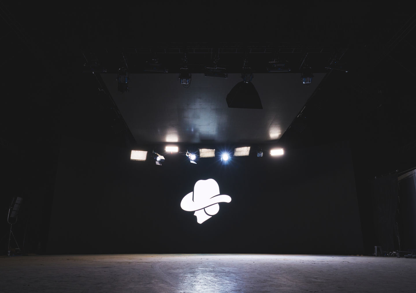 X3D LED studio showing the full scale of the volume — ceiling rig, lighting, and LED wall