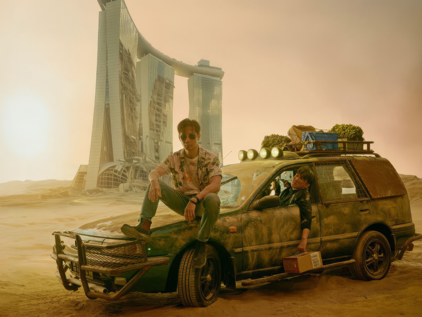 Dead End — post-apocalyptic desert with ruined Marina Bay Sands, practical vehicle on LED volume